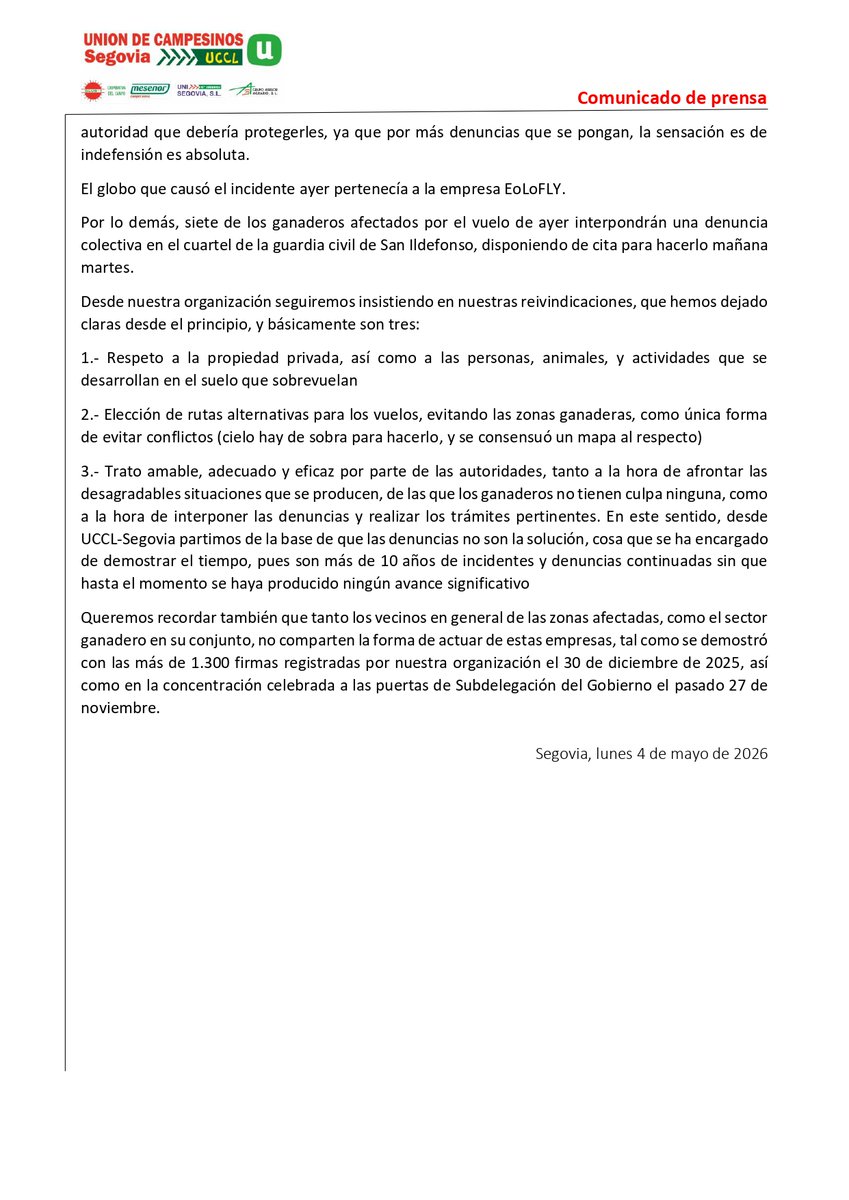 UCSEGOVIA's tweet photo. UCCL-Segovia denuncia nuevo vuelo rasante, no  permitidos por la Ley y contrarios a la legislación aérea de un globo en la zona de Brieva, con graves perjuicios a las ganaderías de la zona y arrastrando la cesta por el suelo durante más de 150 metros
https://t.co/Y23K5t9bkC https://t.co/su88J4mqjQ