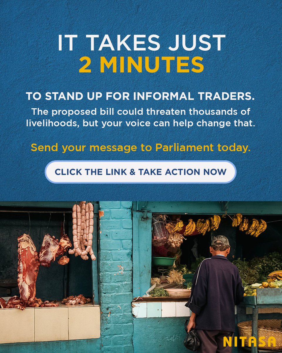 Nitasa_ZA's tweet photo. Your voice matters more than you think
Informal traders are facing a critical moment, and a small action from you can help protect thousands of livelihoods. Take 2 minutes, make an impact.

Click the link in our bio &amp; take action today. ✊
#StandWithTraders #MakeItCount https://t.co/P1tA5vqrVx