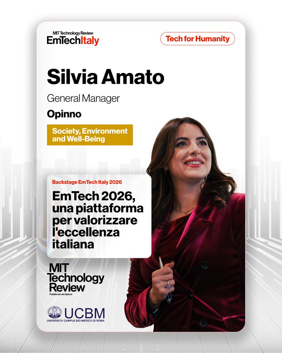 techreviewIT_'s tweet photo. 💡 EmTech 2026, una piattaforma per valorizzare l'#eccellenza italiana.

Silvia Amato, General Manager di Opinno, ha commentato il successo della seconda edizione di #EmTechItaly26.

Ascolta l'intervista 👇
https://t.co/jUvAcbL7yX https://t.co/PCKgAmAmXs