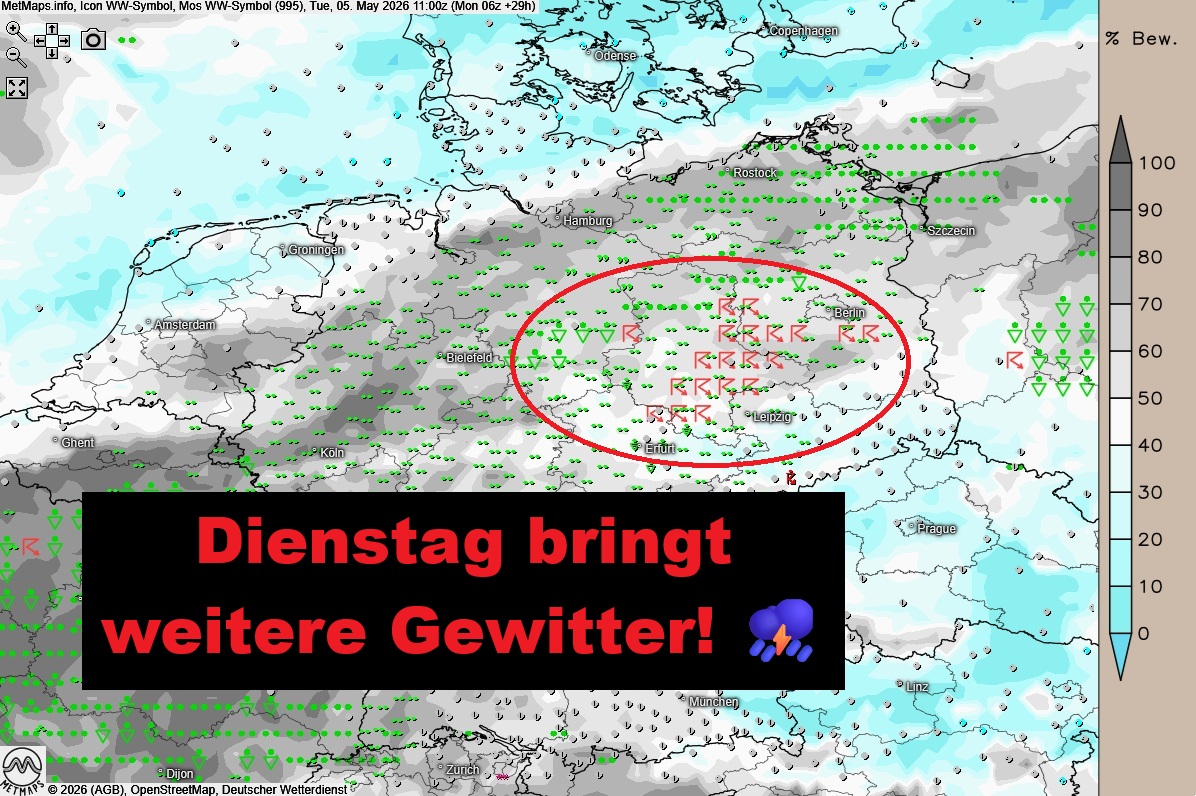 DonnerwetterDe's tweet image. +++Auch am Dienstag bleibt Deutschland im Zangengriff von Regen und Gewittern⛈❗ +++

Die detailierten Aussichten für morgen und mehr Karten gibt es im Artikel

👉donnerwetter.de/deutschland-we…

#Wetter #Gewitter #Regen #Dienstag #Mai #Temperaturen