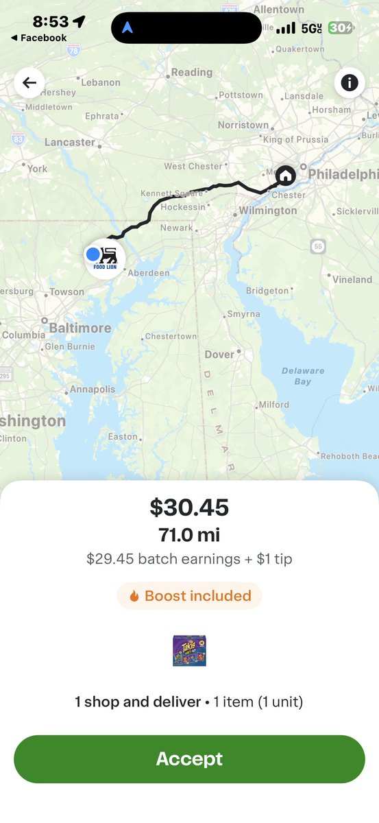 jack3rdand4th's tweet photo. @InstacartHelp how is this even sent out $30 for 71 miles and it’s going into a different state that is at least 35 away. https://t.co/joQcsyTfAZ