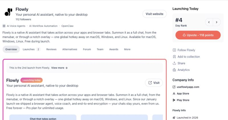 useflowlyai's tweet photo. We launched Flowly 4 hours ago. Already #4 of the day on Product Hunt with 118 upvotes. @ProductHunt 

If you want an AI assistant that actually clicks buttons in your apps instead of just chatting — try it
https://t.co/pxwafRJXh0

Replying to every DM today. https://t.co/2yr4R6v4wh