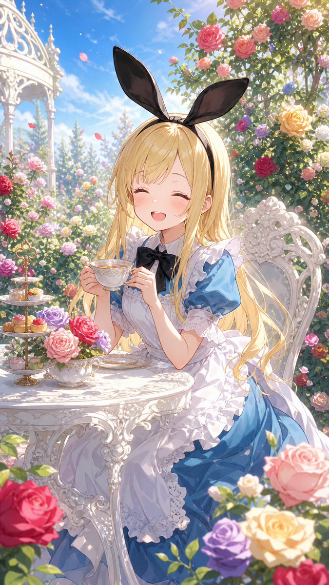 _momiji_dayo's tweet image. アフターヌーンティー、
たくさんのバラに囲まれて紅茶を飲むと、
すっごい華やかな気持ちになれちゃうね！
#illust 
#alice