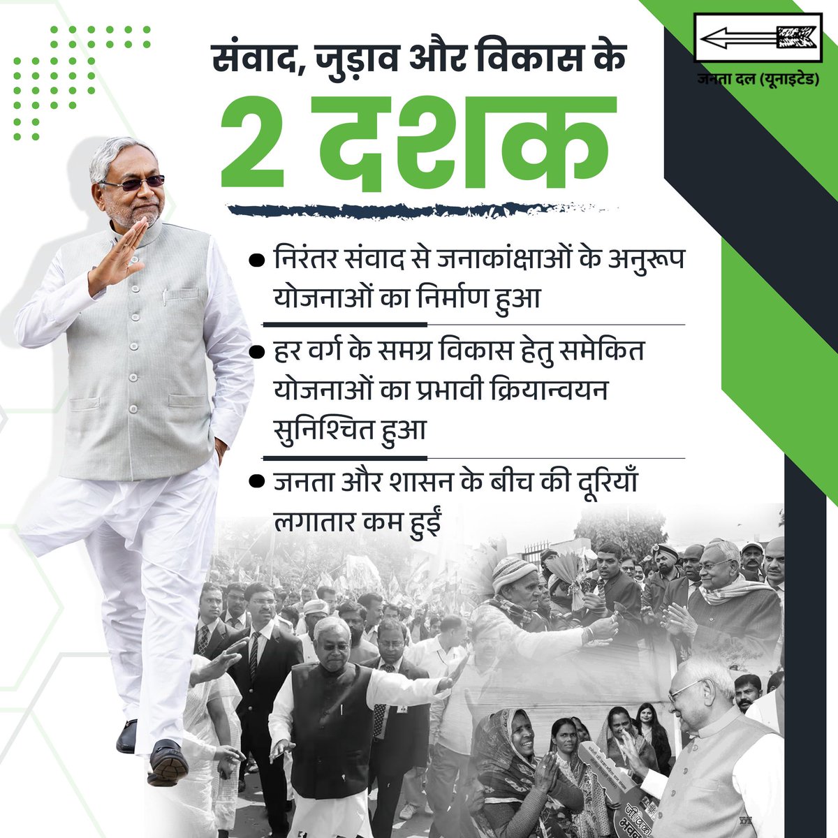CMBiharNK's tweet image. संवाद और जुड़ाव के साथ विकास की यात्रा को आगे बढ़ाया है। 2 दशकों में जनसंवाद से योजनाएं तैयार हुईं, समग्र विकास को प्राथमिकता मिली और जनता व शासन के बीच की दूरी कम करने का निरंतर प्रयास किया गया है।

#DoDashakNavnirmanKe
#JDU #Bihar #NitishKumar