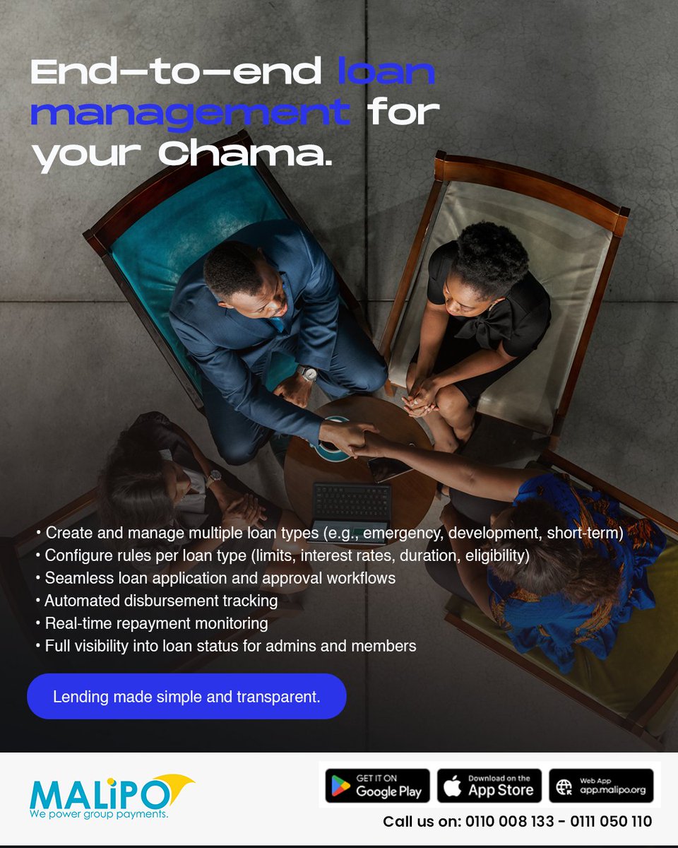 AppMalipo's tweet photo. Malipo enables end-to-end loan management within your Chama—from application to repayment—while supporting multiple loan products.

Playstore: https://t.co/gmzL0aUMZF
Appstore: https://t.co/a7N2PsXTdW
Web https://t.co/6SRTJQtg3b

#happyfriends #happytreasurer https://t.co/YZpcjtf7Ky