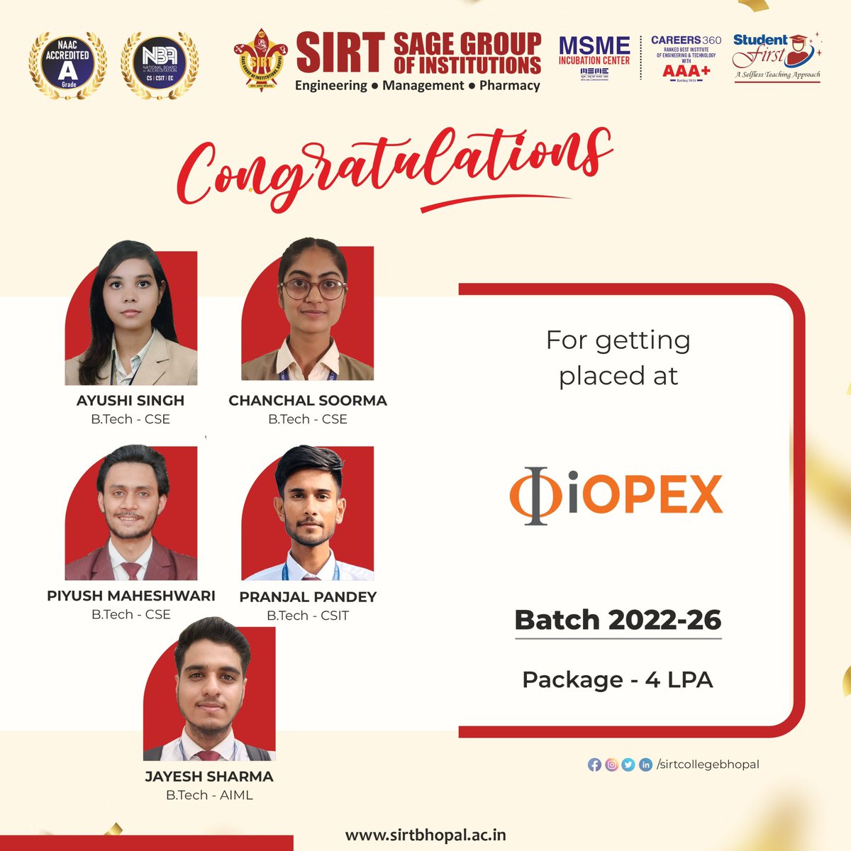 SIRT_BHOPAL's tweet image. Heartiest Congratulations 🎉🎉 to our shining star on getting placed..👏 

SGI is beaming with pride and joy on your success. Wishing you all the best for your new journey! Good luck and shine on! 👍

#Congratulations #Placement #SGI #SIRT #SAGE