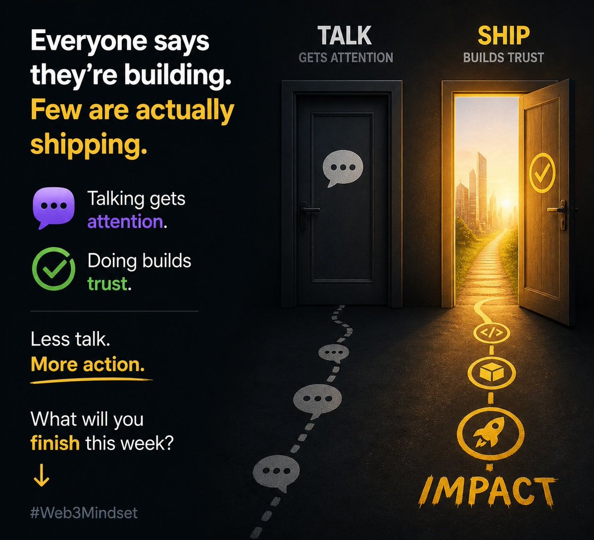 Ruqhayyerh's tweet photo. Everyone says theyโre building.
Few are actually doing the work.
Talking gets attention.
Doing builds trust.
Less talk. More action.
What will you finish this week?
#Web3Mindset https://t.co/skjNnUbcYl