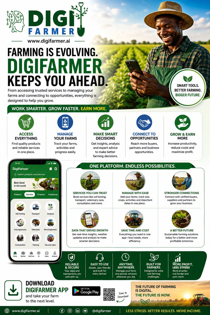 Digifarmer_ai's tweet photo. Farming is evolving ,and DigiFarmer is helping farmers stay ahead.

From accessing services to managing your farms and connecting to opportunities, everything is designed to help you grow.

🌱 Work smarter. Grow faster. Earn more.

📲 Download now:
 https://t.co/EBHdi9wqtA https://t.co/FGi4AJNc6o