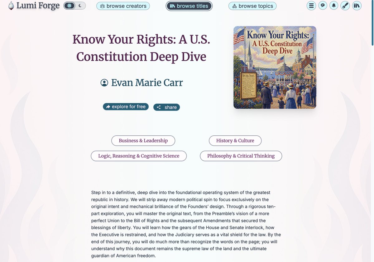 DarkVioletAI's tweet photo. The U.S. Constitution is the foundation of every right you have as an American citizen, yet most people have never truly read it. "Know Your Rights: A U.S. Constitution Deep Dive" walks you through the original text, from the Preamble to the Bill of Rights, stripping away the political noise to focus on what the Founders actually designed and why it still matters today.

Try the first exploration for free: https://t.co/5dhkxh1Hs1

#Constitution #History #GetSmart #KnowYourRights #LumiForge