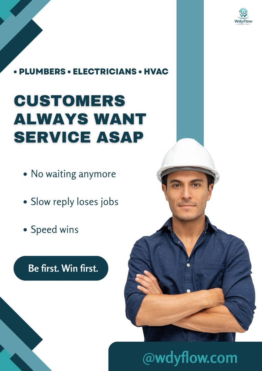 Anum1266642's tweet image. Customers today expect instant replies.
WDYFlow AI Receptionist keeps you always ON , answering calls &amp;amp; booking jobs instantly, even when you’re busy.
Be quick. Be available. Be chosen.
👉 wdyflow.com
#HomeServices 
#Plumber 
#Electrician
