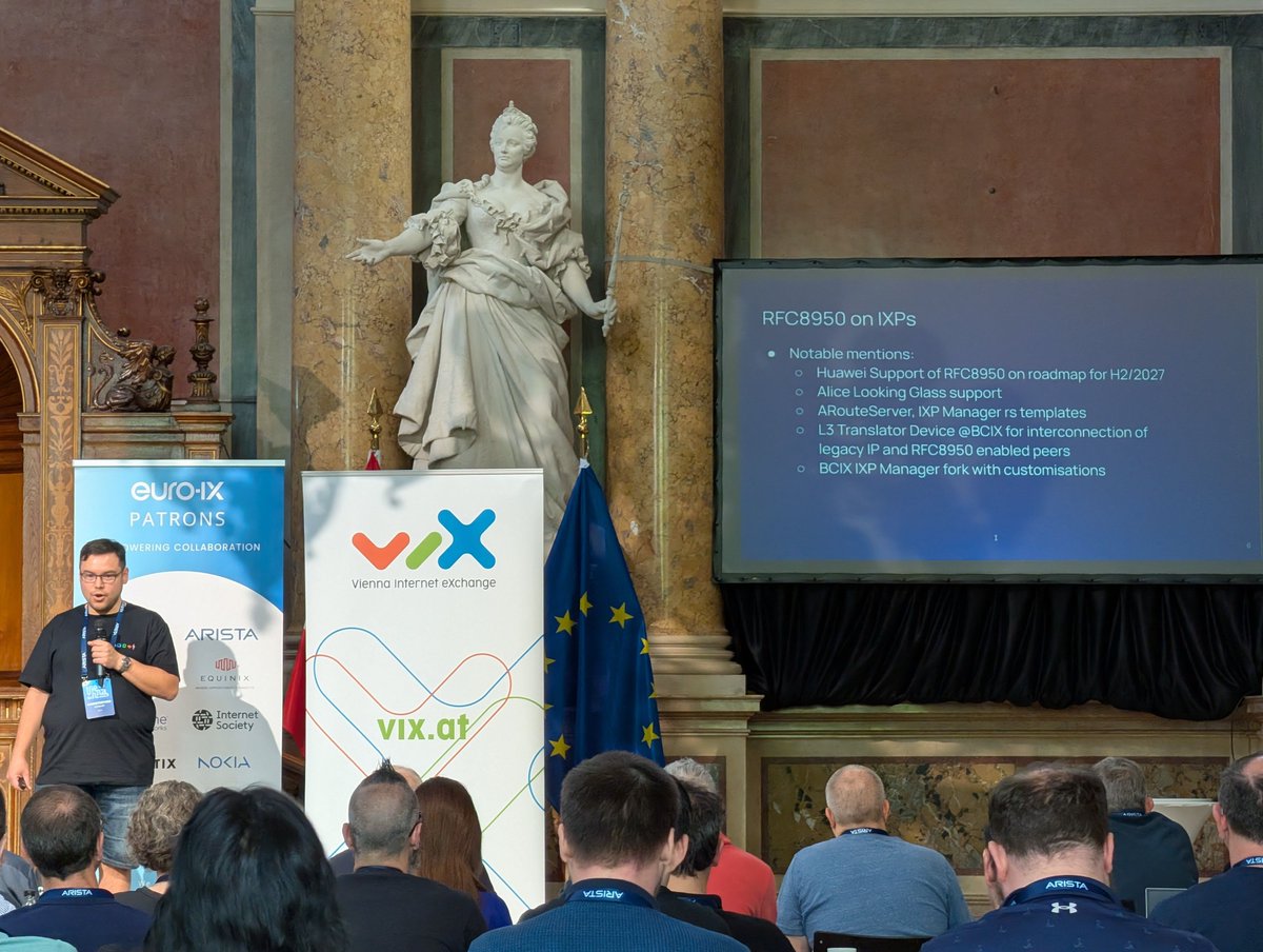 thking's tweet photo. Let IPv4 rest in peace. 🪦

The future of IXPs is IPv6-only. The technical foundation? RFC8950.

But standards don't deploy themselves. A huge congratulations to the RFC8950 Working Group at #EUROIX for turning theory into reality!

They tackled the real-world tests, pushed router vendors to implement support, and leveled up open-source tools like Alice-LG to make it happen at the infrastructure level.

Task accomplished. The internet just got a massive upgrade. Well done! 🥂