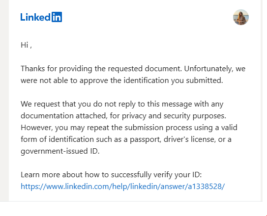 R010719's tweet photo. @LinkedIn @LinkedInHelp What document do you need? I am using my national ID and I keep receiving the same message. https://t.co/nHf2ppeaUc