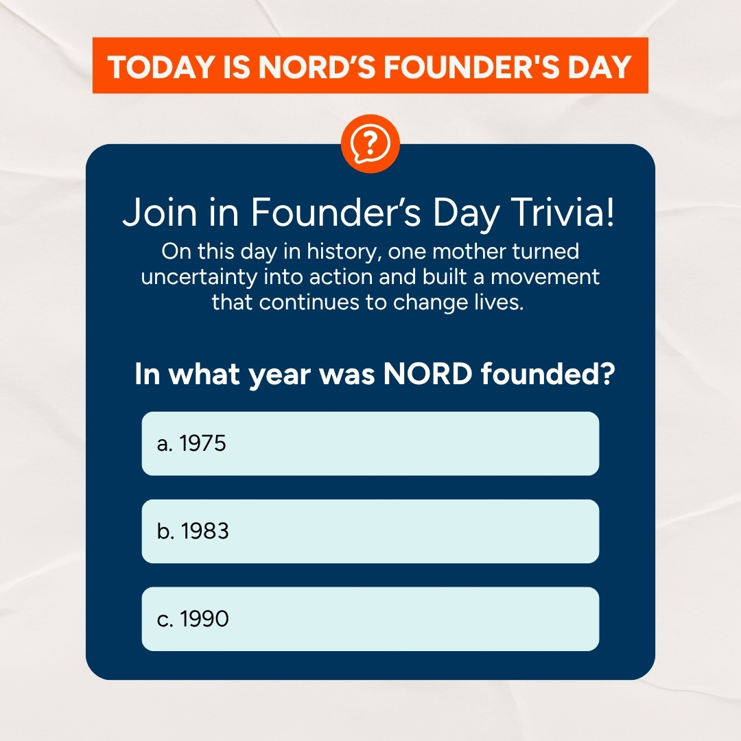 RareDiseases's tweet image. Welcome to NORD’s #FoundersDay! On this day in history, one mother turned uncertainty into action and sparked a movement that continues to change lives.

We’re kicking things off with trivia all day long. Question 1: What year was #NORD founded?

Drop your answer below 👇

Help