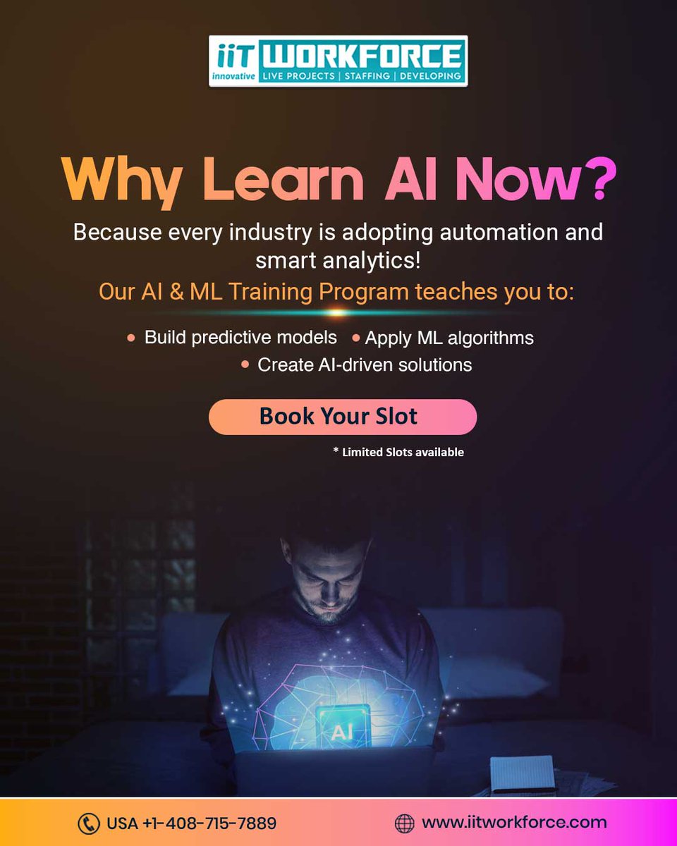 WorkforceIit's tweet photo. 🚀 Why Learn AI Now?
Because the world is changing faster than ever—and AI is leading it.
📞 USA: +1-408-715-7889
🌐 https://t.co/Dgn9AzHJ2R
#iitworkforce #AIJobs #AICourses #USAJobs #AIJobMarket https://t.co/pzeG73nYAk