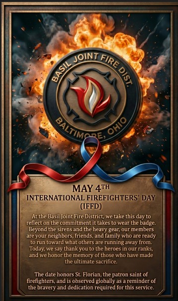BasilJFD's tweet photo. Today, May 4th, is International Firefighters’ Day (IFFD).

At the Basil Joint Fire District, we take this day to reflect on the commitment it takes to wear the badge. Beyond the sirens and the heavy gear, our members are your neighbors, friends, and family who are ready to run https://t.co/GpVLYN2a1u