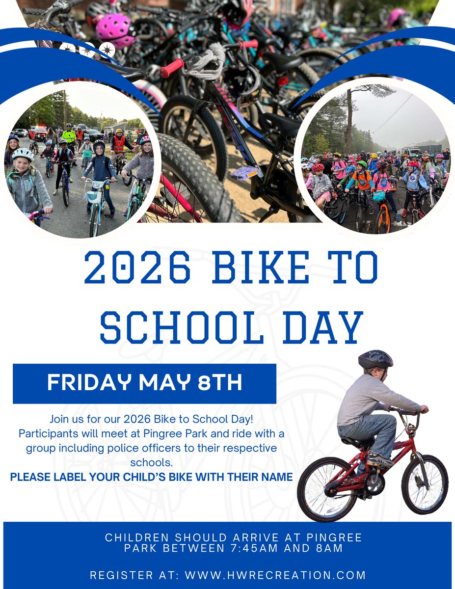 HamiltonMAPD's tweet photo. 🚲 Reminder! Bike to School Day is this Friday, May 8th!

Students meet at Pingree Park (7:45–8:00 AM) and ride to school.

✔️ Label bikes
✔️ Wear helmets
✔️ Ride safely
Register: https://t.co/tWRsft1LoQ https://t.co/SMALvrLP0J