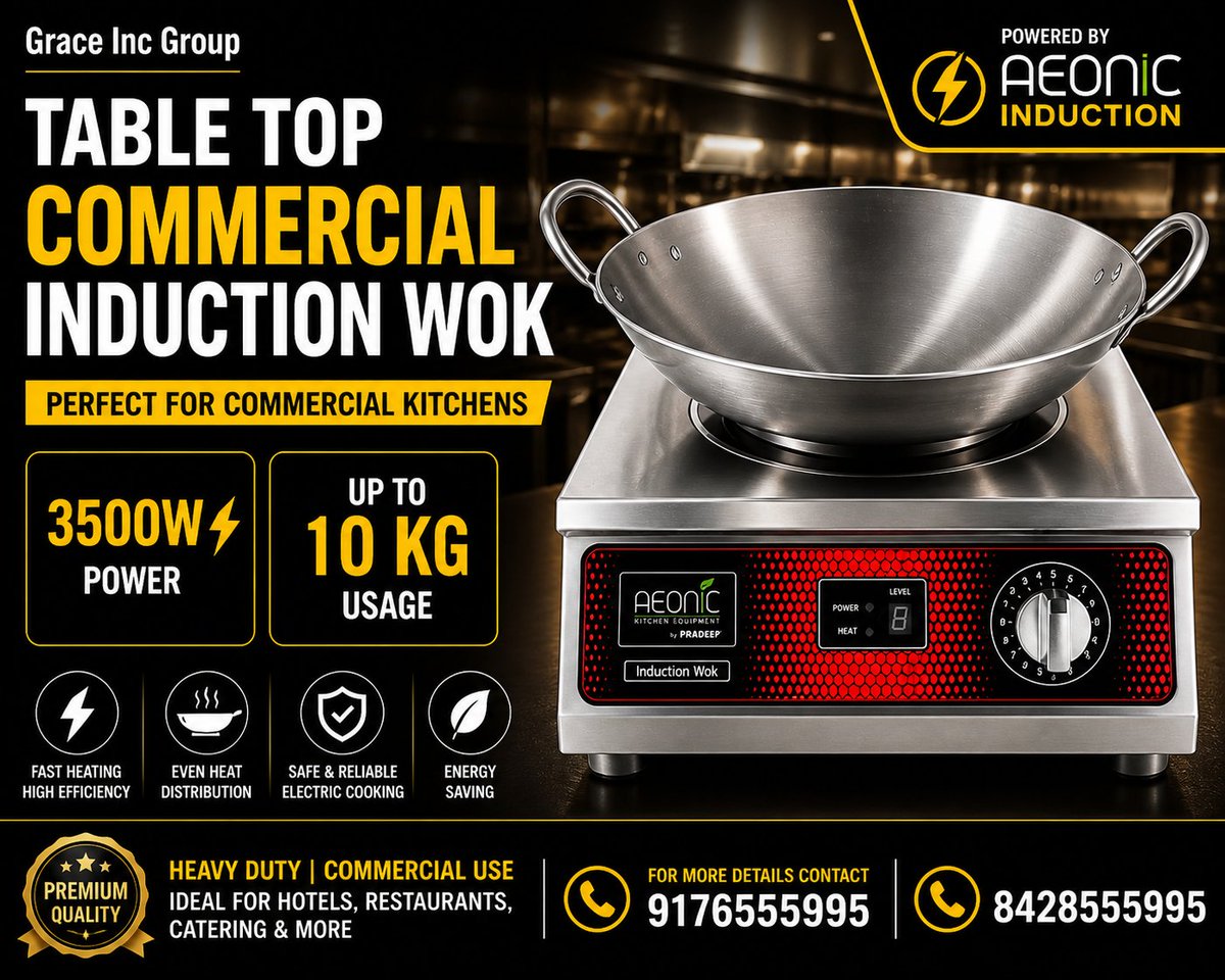 GraceIncgroup's tweet photo. Upgrade your kitchen ⚡

Commercial Induction Wok
🔥 3500W Power
⚖️ 10KG Capacity
🚫 No Gas | 100% Electric
Perfect for Hotels &amp; Restaurants
📞 9176555995 | 8428555995

#GraceIncGroup #AEONIC #InductionWok #CommercialKitchen #NoGas #Chennai https://t.co/D6yT567oQ6