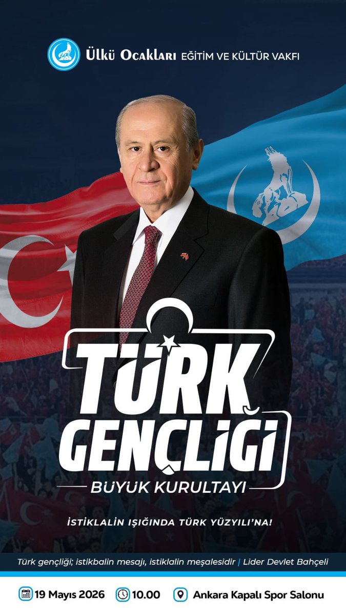 İstiklalin Işığında Türk Yüzyılı’na! 🇹🇷

Türk Gençliği Büyük Kurultayı 🐺

🗓️ 19 Mayıs 2026 Salı
📍 Ankara Kapalı Spor Salonu
🕙 Saat: 10.00