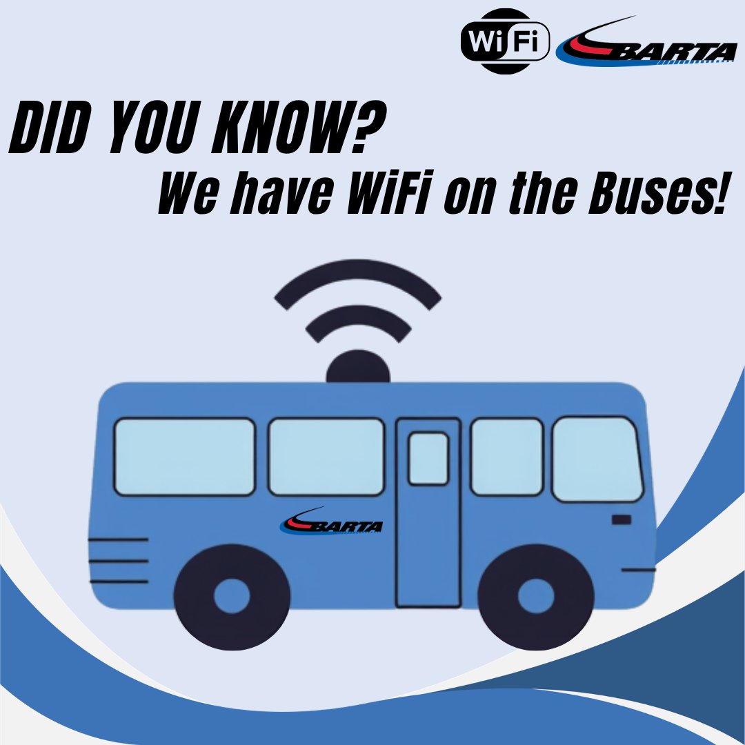bartabus's tweet photo. BARTA buses have WiFi onboard 📶🚌
Try it out today! https://t.co/Kejfz7F0wt