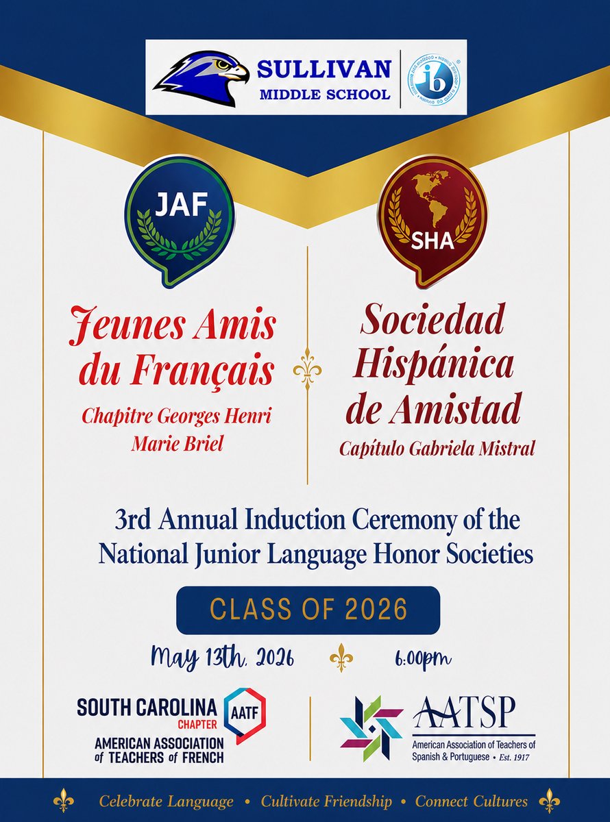 smfalcons's tweet photo. We would like to warmly invite you to join us as we celebrate the achievements of our language learners here at Sullivan IB Middle School.

Event Details:
Date: May 13th
Time: 6 PM
Location: Sullivan Middle School Auditorium https://t.co/AIO0Ph7A7V