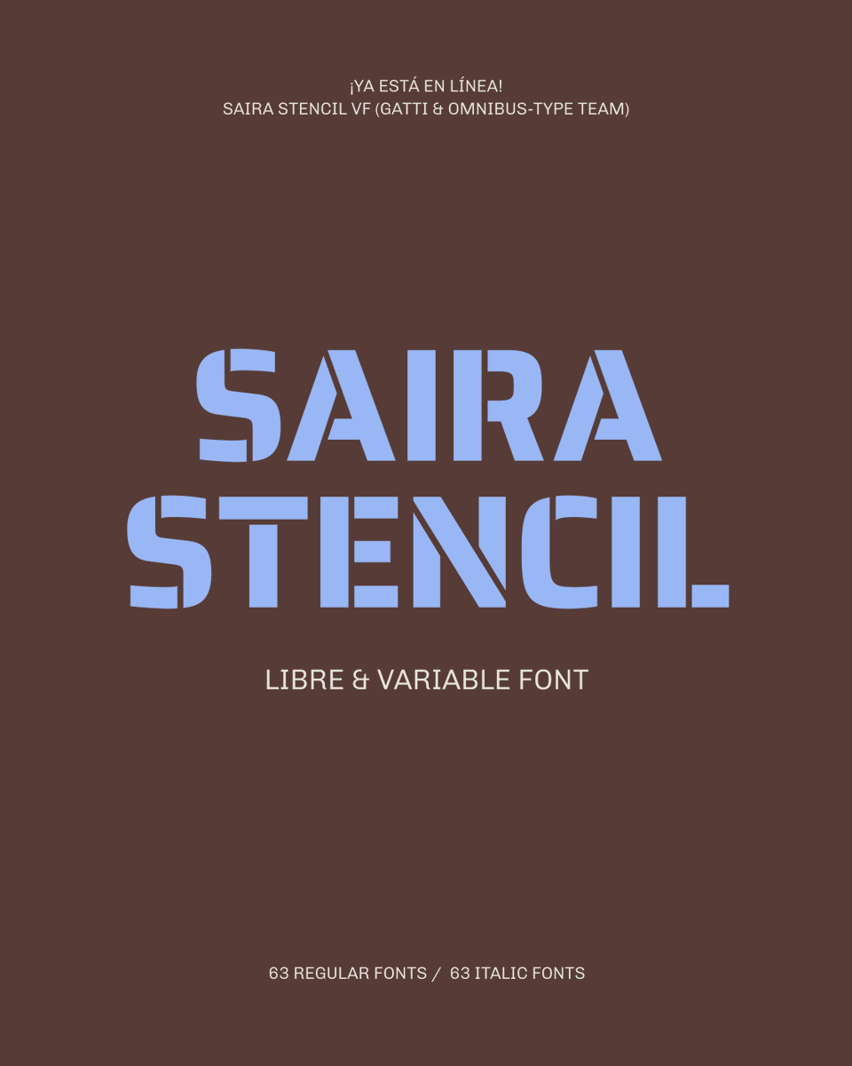OmnibusType's tweet photo. New! Saira Stencil VF –the stencil version of Saira VF family– is online. It blends deliberately unusual cuts, creating a tension between order and disruption. A contemporary sans with high visual impact. 🎨✂️ https://t.co/cdkBVTNQkc https://t.co/VDWIkrmsZh