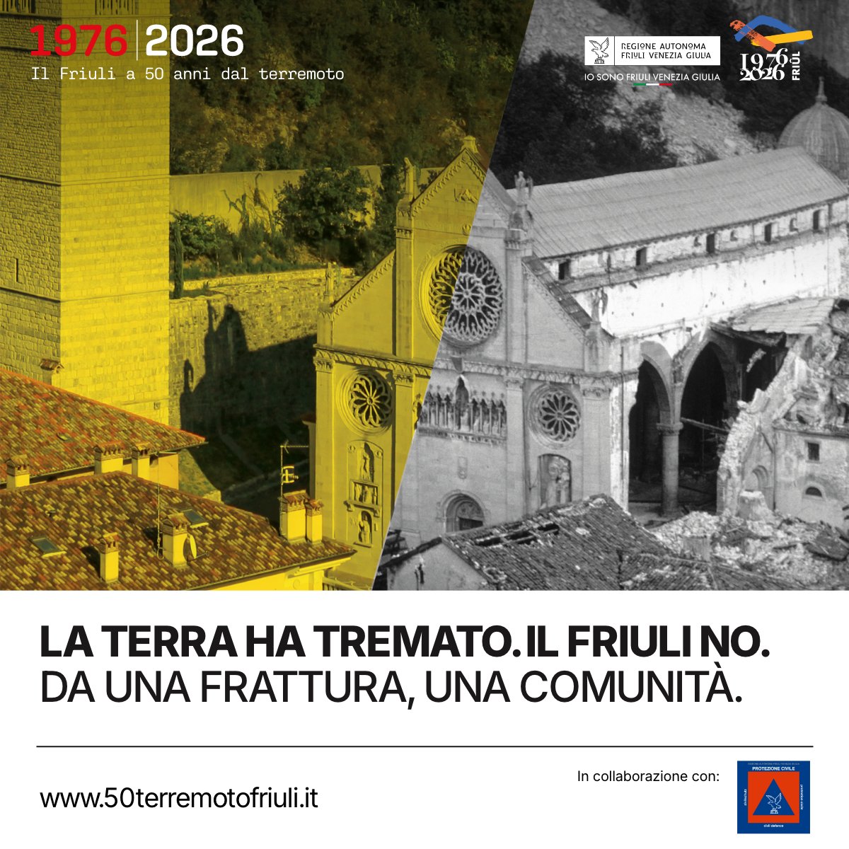 1976–2026: il 6 maggio di 50 anni fa la terra ha tremato. Il Friuli no.
Oggi è il giorno in cui il tempo si è spezzato: le case, le piazze, le abitudini, le vite.
Il 6 maggio è la data in cui inizia la nostra storia, fatta di dolore, di coraggio, di scelte e di ricostruzione.