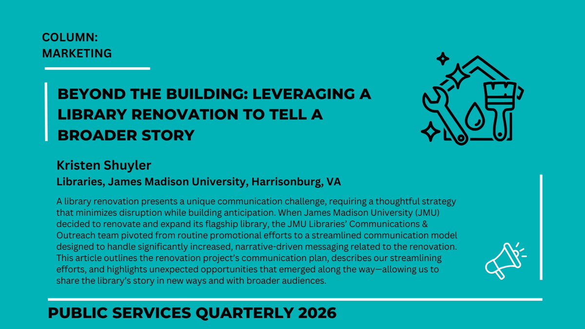 PublicServicesQ's tweet image. Read our recent Marketing Column to learn how James Madison University libraries used their renovation as an opportunity to streamline communication efforts and share the library's narrative in new ways.
 #AcademicLibraries #Marketing #Outreach

doi.org/10.1080/152289…