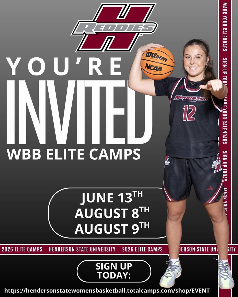 ReddiesWBB's tweet photo. Camp season is approaching quick. Don’t let us miss out on seeing your talent and meeting you: sign up today. Interested in Henderson State, sign up today. Half our roster was once Elite Campers. A great day of basketball and learning more about HSU! Come hoop with us 🏀 https://t.co/sdl4y34fJa