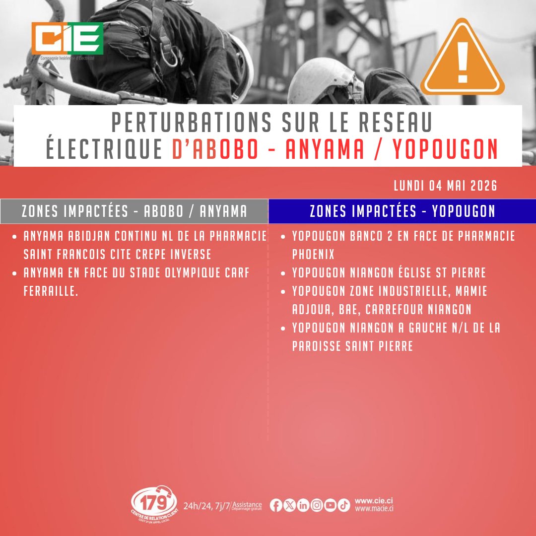 CIEofficiel's tweet photo. #InfosReseaux
#Yopougon
#Cocody
#Angré
#PortBouet
#Anyama https://t.co/K3otIYsKY4