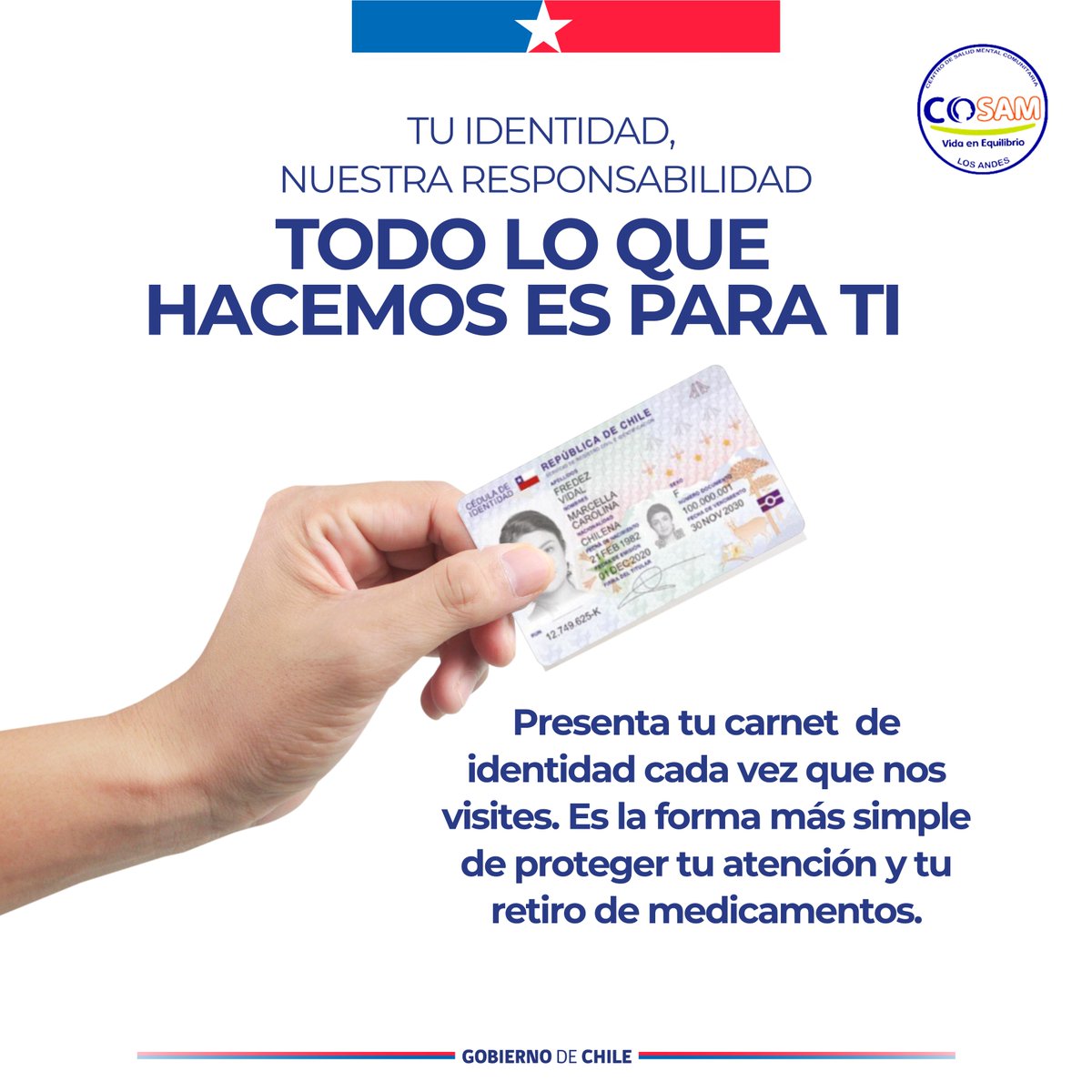 Cada vez que llegues al COSAM Los Andes, te pediremos tu carnet. No es burocracia: es para que tu ficha, tu consulta y tus medicamentos sean solo tuyos.
Sin carnet? puedes presentar, licencia de conducir, pasaporte o nombre más RUT.