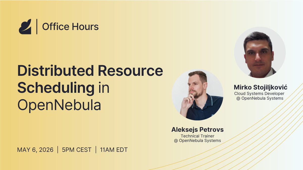 opennebula's tweet photo. Let’s talk distributed resource scheduling (#DRS) in OpenNebula 💬
This Wednesday, we’re hosting a live office hours session focused on OneDRS — one of the most requested features in OpenNebula, built as an alternative to #VMwareDRS.
👉 Don’t miss out—secure your spot now: https://t.co/JcYucOPnCj
#VMwarealternative #VMwaremigration