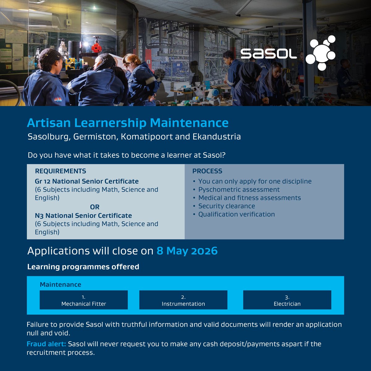 SasolSA's tweet photo. Applications open: Learnership – Artisan Maintenance

Start your artisan career with structured workplace learning at Sasol. Opportunities available in Sasolburg, Germiston, Komatipoort &amp; Ekandustria.

Apply online here  https://t.co/co6kmKxW5b https://t.co/4P8iFbwhi9