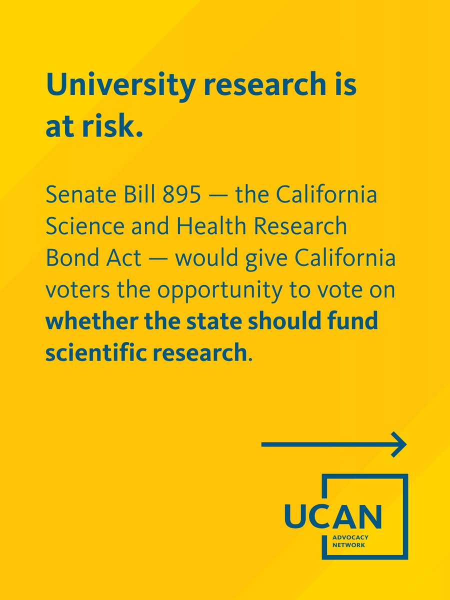UofCalifornia's tweet photo. The California Science and Health Research Bond Act would help sustain UC's world-changing research — research that fuels the fourth-largest economy in the world, generates lifesaving medical advancements, and supports the health of all California communities.

Tell your legislators to invest in California YES on SB 895 ✅