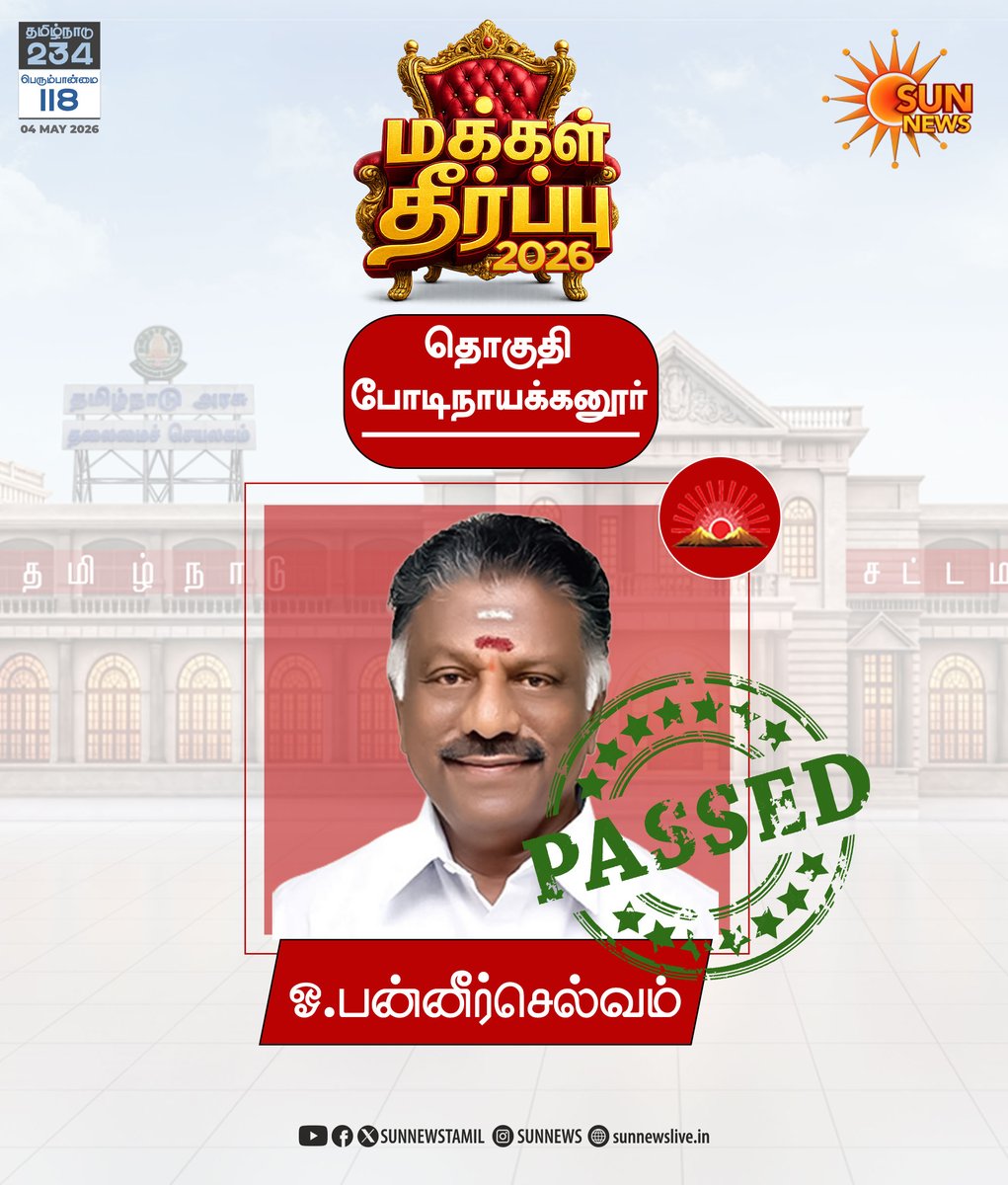 sunnewstamil's tweet image. #BREAKING | தேனி - போடிநாயக்கனூர் தொகுதியில் திமுக வேட்பாளர் ஓ.பன்னீர்செல்வம் வெற்றி 

#SunNews | #ElectionsWithSunNews | #ElectionResults2026