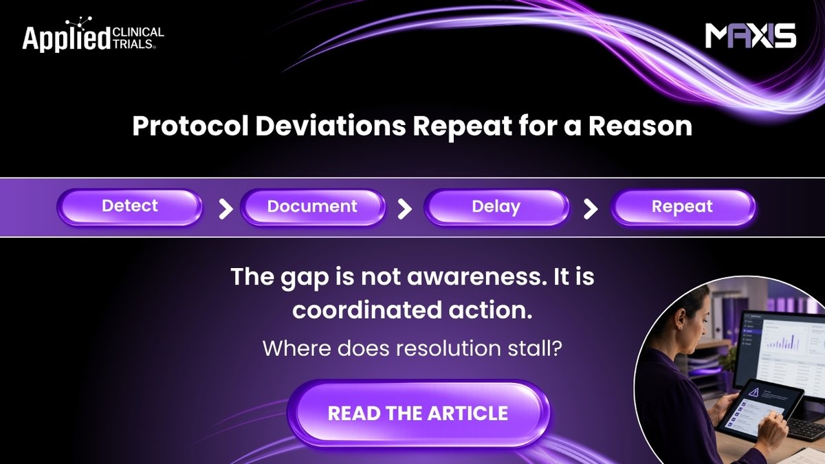 MaxisAIInc's tweet photo. This Applied Clinical Trials article examines why identified problems in clinical trials often fail to become structured action, and why execution capacity is becoming a critical barrier to trial performance, quality, and timelines.

𝐑𝐞𝐚𝐝 𝐡𝐞𝐫𝐞: https://t.co/AXRGxGgBuA https://t.co/DmbnIqkmKp