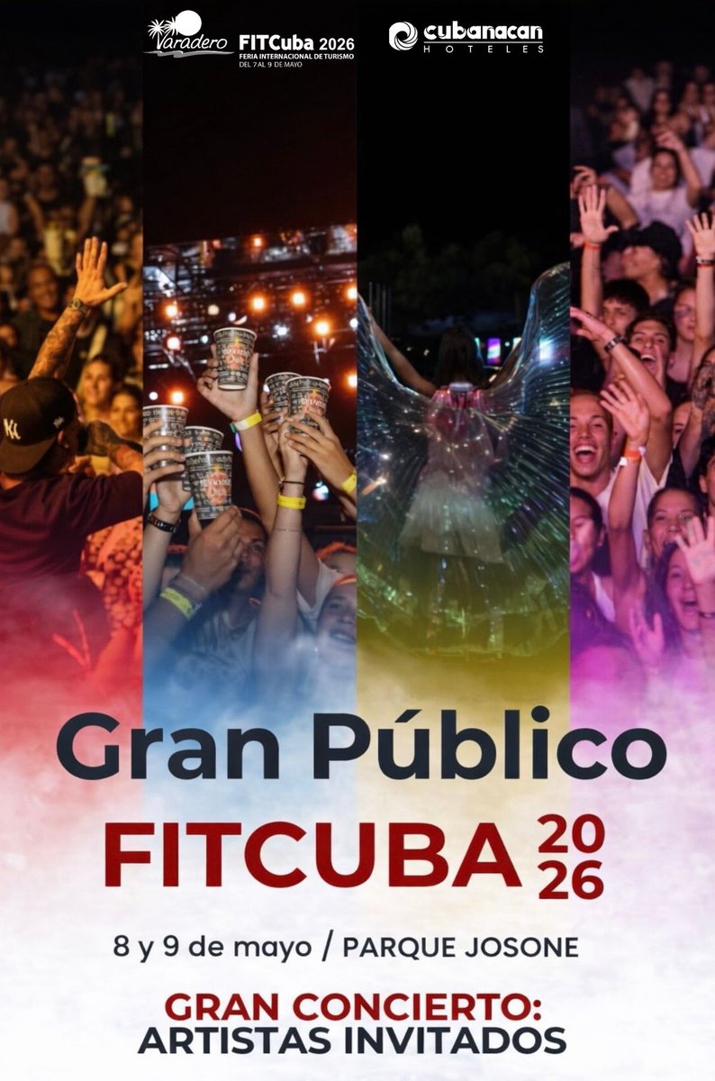 CubanacanHotel's tweet photo. ✨🌴 ¡Vive la magia de las noches en FitCuba 2026! 🌙🎶

Déjate llevar por el ritmo, la energía y el encanto de conciertos de lujo en el icónico Parque Josone. Dos noches pensadas para disfrutar, bailar y crear recuerdos inolvidables. 💃🕺

#FitCuba2026 #CubanacanHoteles https://t.co/IjP54OUbpy