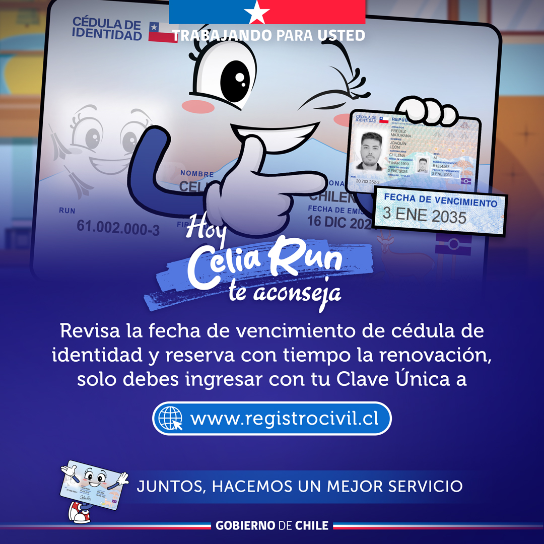 📍 Hoy Celia Run te aconseja:

Revisa la fecha de vencimiento de tu cédula de identidad y agenda con anticipación su renovación.
Ingresa a registrocivil.cl en "Servicios en línea" opción "Reservar y anular hora" y con tu Clave Única agenda tu hora de atención.