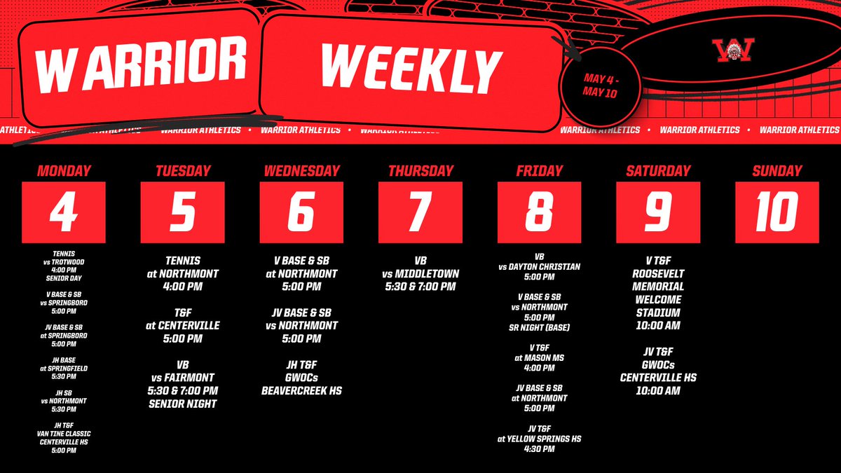 WayneAthletics's tweet image. Warrior Weekly | 5/4 - 5/10

Spring regular seasons are quickly coming to a close as we celebrate several senior days this week!

#WarriorPride