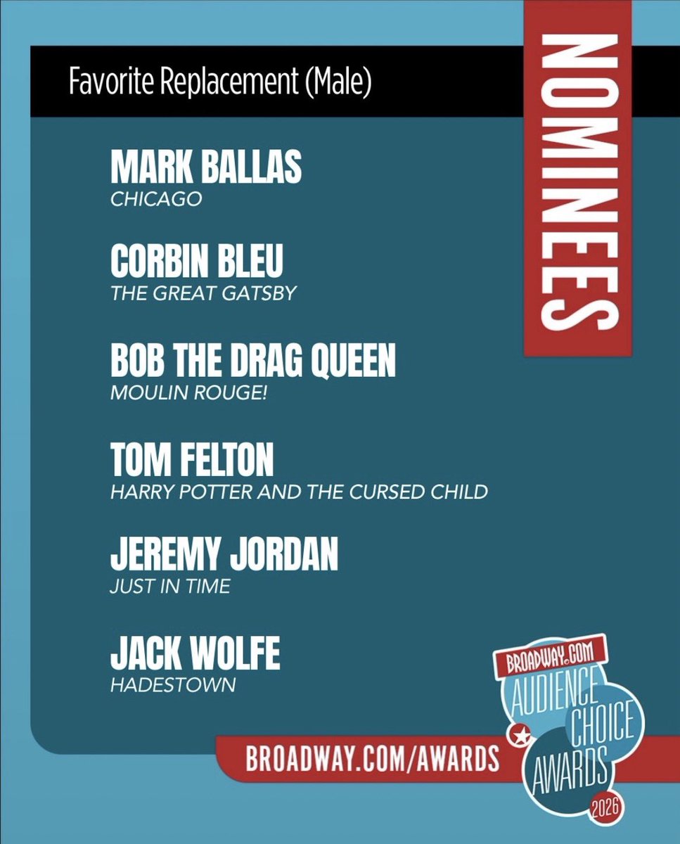 jeremyjordancom's tweet image. It’s time to vote for @jeremymjordan in the 2026 Broadway.com Audience Choice Awards! 

Voting is open now until May 8. Winners will be revealed May 12. Broadway.com/awards

#JustInTimeBway #Broadway #JeremyMJordan #BroadwayCom #AudienceChoiceAwards