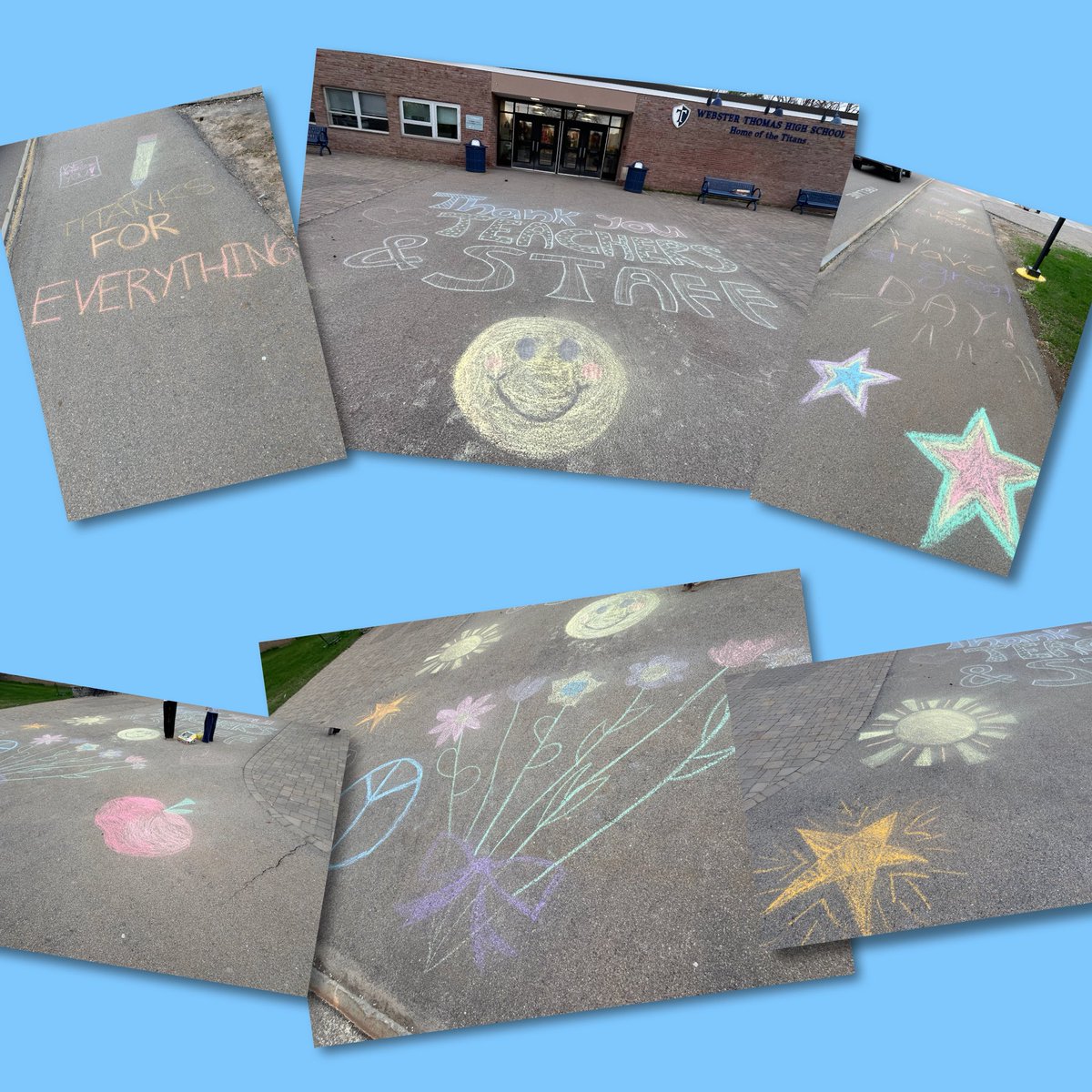 WTHSPTSA's tweet photo. Kick off to Staff Appreciation Week! Thank you to all those that donated snacks, treats, and gift cards, and a special thanks to the 3 lovely students who came last night to decorate the walkways! We appreciate all of you for showing support to the staff at Thomas! https://t.co/zV4lVdrn73