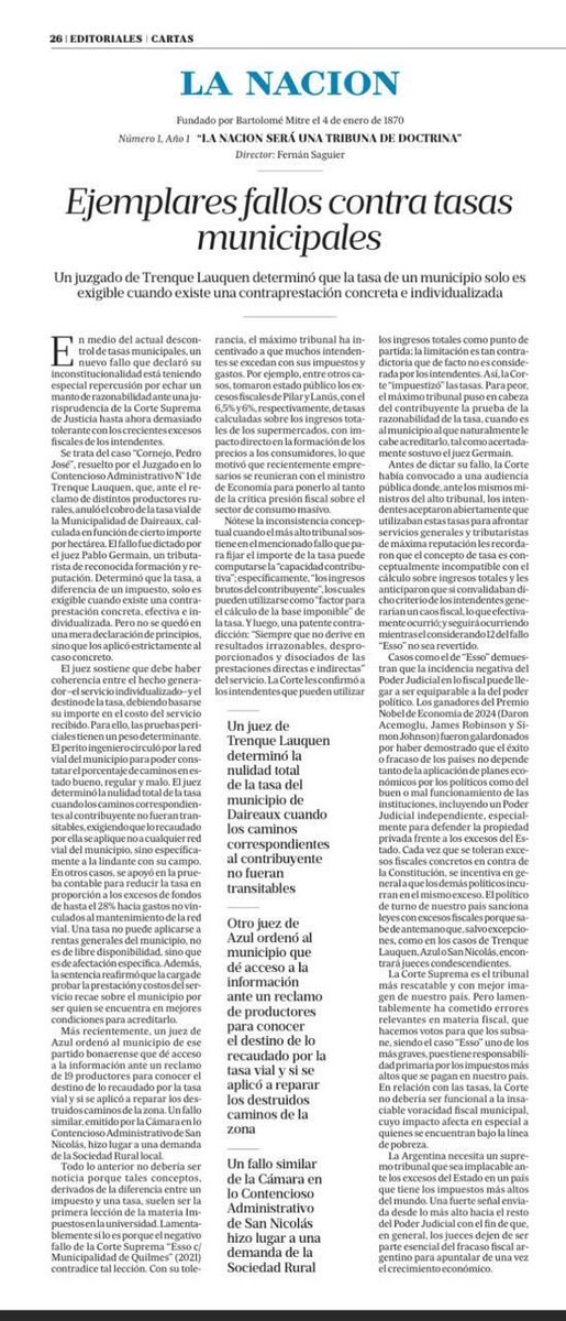 Importante fallo que aclara lo obvio! 
Las tasas municipales solo pueden corresponder a un pago por un servicio efectivamente prestado.