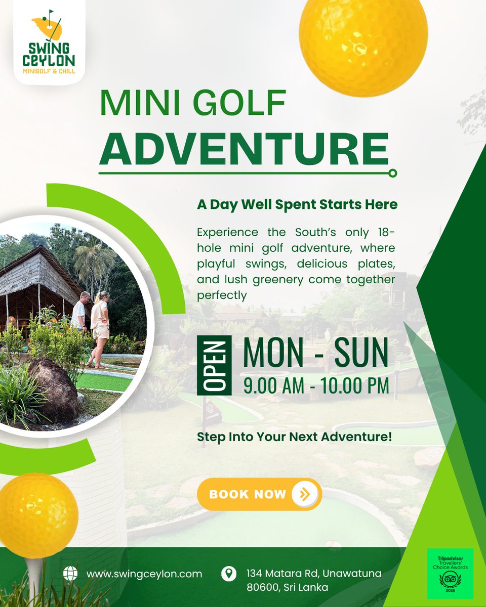 AxlCeylon's tweet photo. A day well spent starts here ⛳🌿
Fun swings, good vibes, and a perfect spot to unwind.

Open daily from 9.00 AM – 10.00 PM.
Step into your next adventure!

#SwingCeylon #MiniGolf #Unawatuna #SriLanka #ChillVibes #WeekendPlans https://t.co/ctF21qgYlh