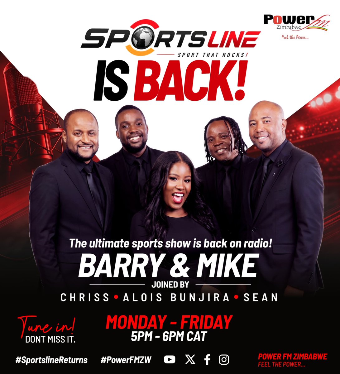 mikemadoda's tweet photo. Sportsline is back! 🎙️ 

Join @barrymanandi @mikemadoda @chrissmidzi @AloisBunjira14 and 
@SeanTafirenyika LIVE on @powerfmzimbabwe 📻 

Bigger, better and even more entertaining than before 🔥 

#SportThatRocks https://t.co/gTOlDS31BI