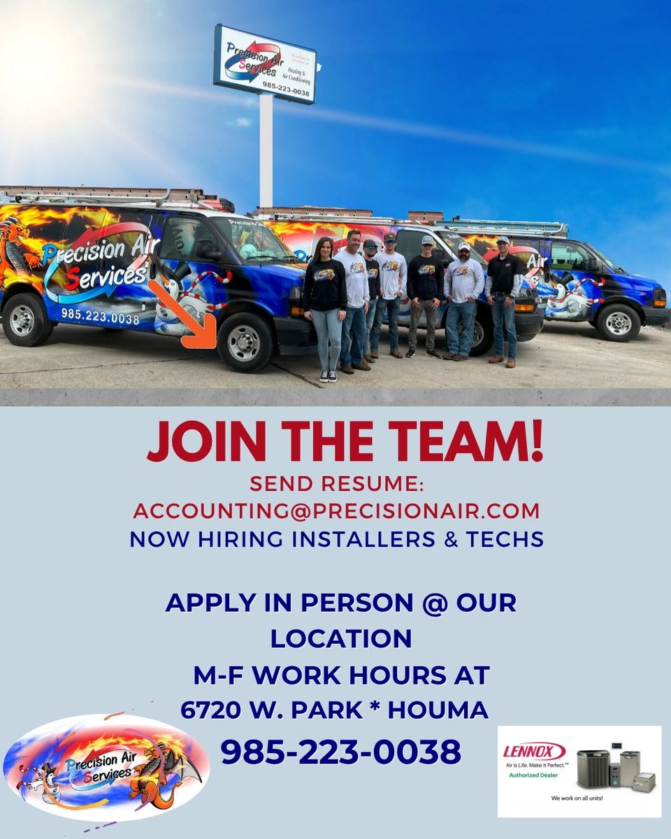 PrecisionAirLa's tweet photo. Now hiring HVAC Techs &amp; Installers in South Louisiana! ☀️❄️ Join a top-tier team with great pay and steady local work. Ready to level up your career? Send your resume &amp; afterwards drop by our office in Houma! #PrecisionAirHouma #HVACJobs #SouthLouisiana #NowHiring #HoumaLA https://t.co/9hr1KqYKkc