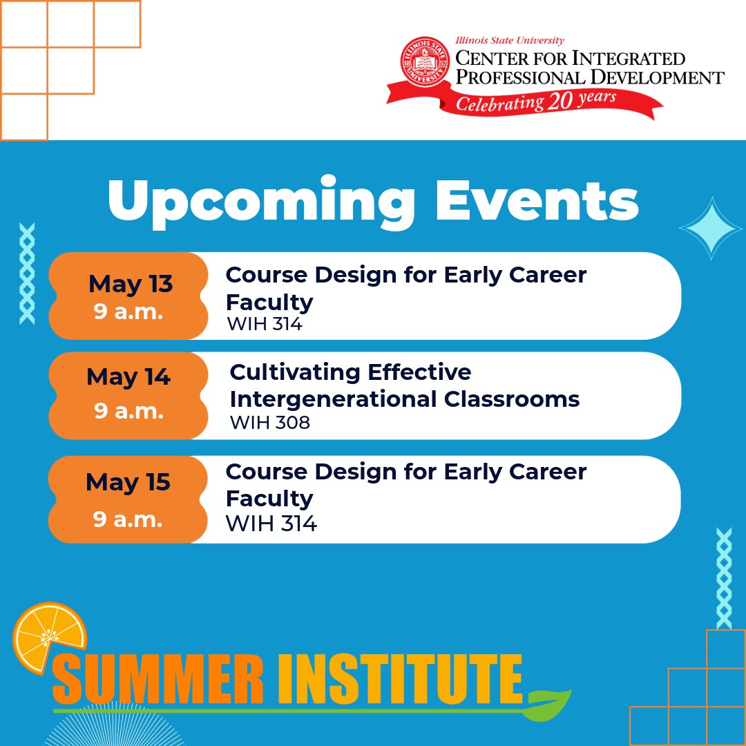 ProDevISU's tweet photo. Happy first week of Summer Institute! All summer long, we're hosting professional development workshops tailored for you. You won't want to miss it! 🌊

Register for sessions at https://t.co/qxLiZDZKlE

#illinoisstateuniversity #ProfessionalDevelopment https://t.co/o73NBOAGwh