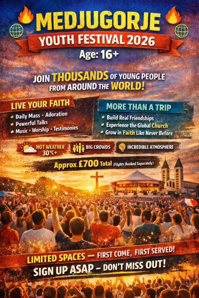 StMarysAberdeen's tweet image. ✈️ Youth - 16+ Summer Pilgrimage

📍 Medjugorje
📅 31 July – 7 Aug

Prayer. Community. Faith.

“Come to me… and I will give you rest.” — Matthew 11:28

📩 Get in touch for more information: stmaryscathedral.churchsuite.com/events/s1vsuqkk

#youth #faith #pilgrimage #Christian #Catholic