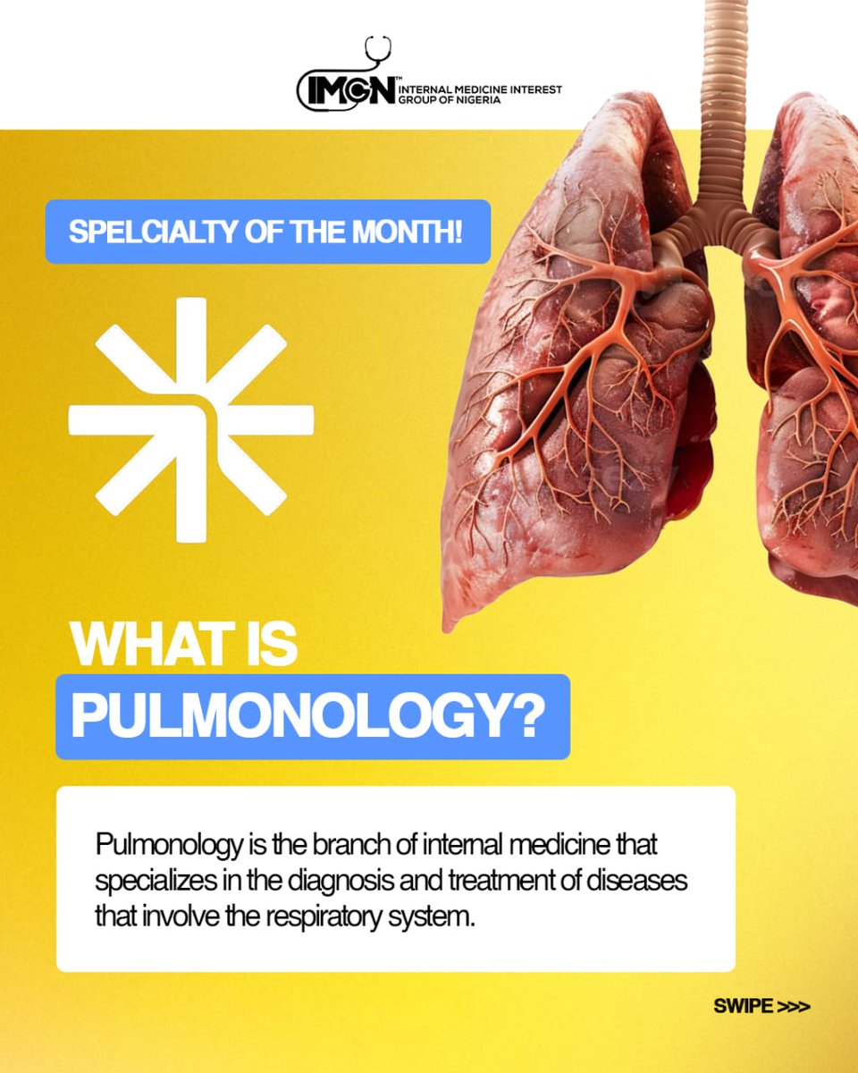 IntMedIGnigeria's tweet image. Pulmonology
Pulmonology is the branch of medicine that focuses on the respiratory system—the lungs and airways responsible for breathing and gas exchange.

#Pulmonology #RespiratoryHealth #MedicalEducation #FutureDoctors #Healthcare #IMGN