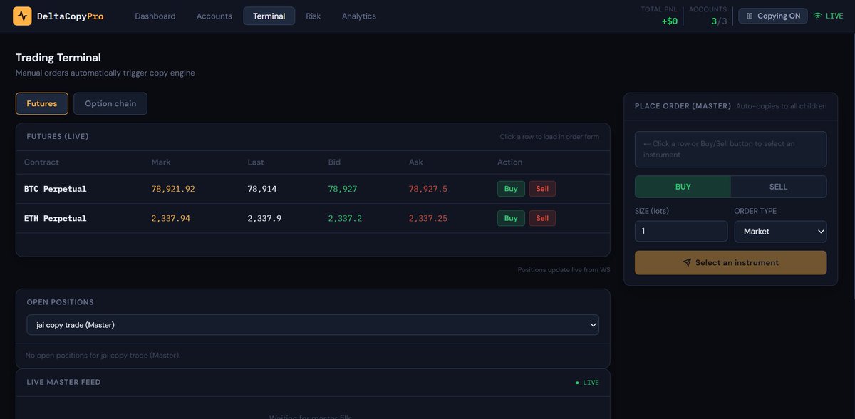 Ujjwal9837's tweet photo. Completed a Delta Exchange @DeltaExchangeIn  @DeltaExFno  copy trading platform that enables you to manage, analyze, and track every trade, position, and order across all child accounts in one place, with support for max loss and profit threshold checks. https://t.co/pAXDewoYw5