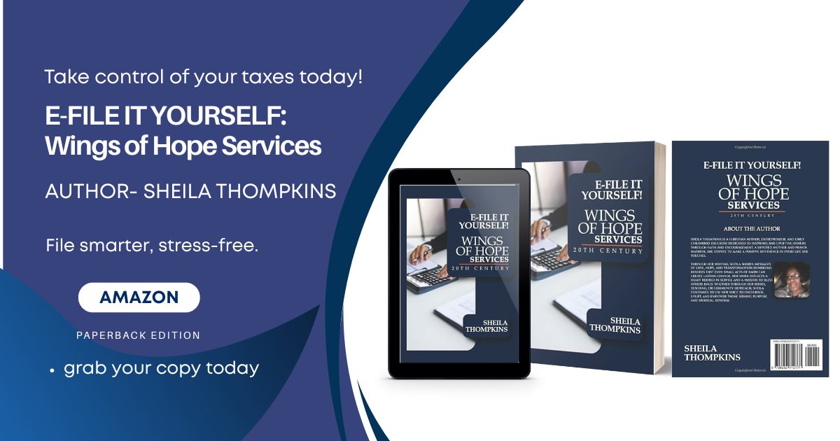 AkterFaiza34073's tweet image. 📝Filing taxes doesn’t have to be hard. "E-FILE IT YOURSELF: Wings of Hope Services" by Sheila Thompkins (Paperback Edition) on Amazon now. Get your copy today.
🔗Buy Link- a.co/d/0g9zA99c
#EasyFinance #TaxTips #AmazonBooks #SelfHelp #MoneySmart