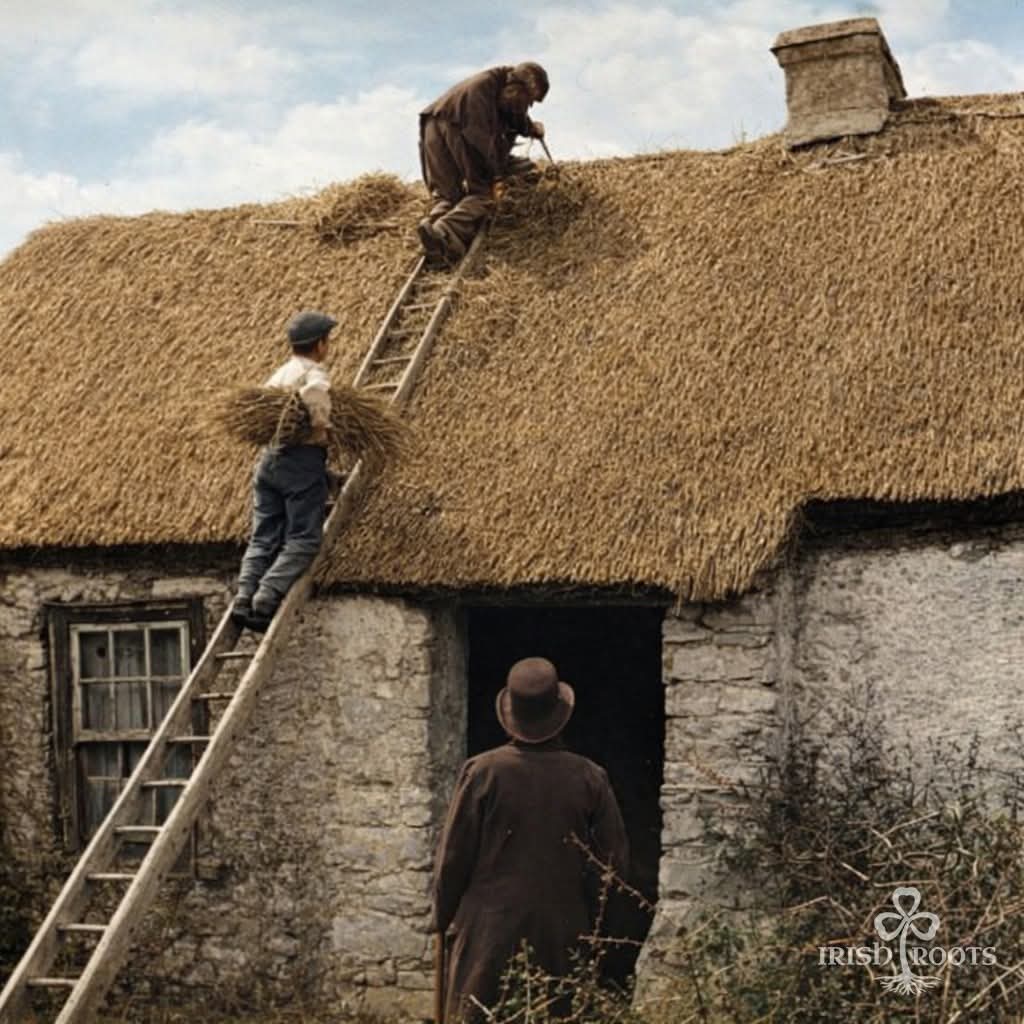 ThisIsIreland3's tweet image. 🪶 Mending a Thatched Roof - County Monaghan, 1903 🇮🇪

This colourised image captures a routine but necessary task in rural Ireland. Thatching required steady, skilled work - straw lifted, layered, and tied by hand to keep out wind and rain 🛖

📸 Irish Roots

#Monaghan #Ireland